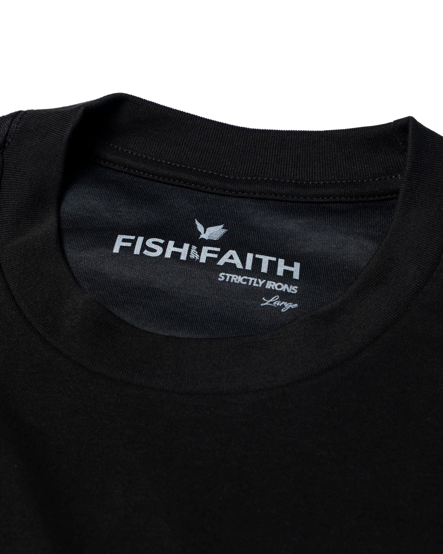 Fish with Faith Strictly Irons size tag