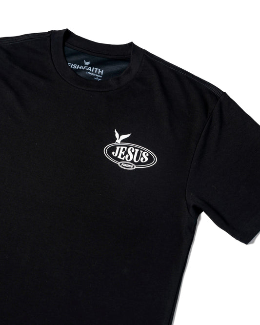 Black t-shirt with 'Jesus Fishes' design on white background