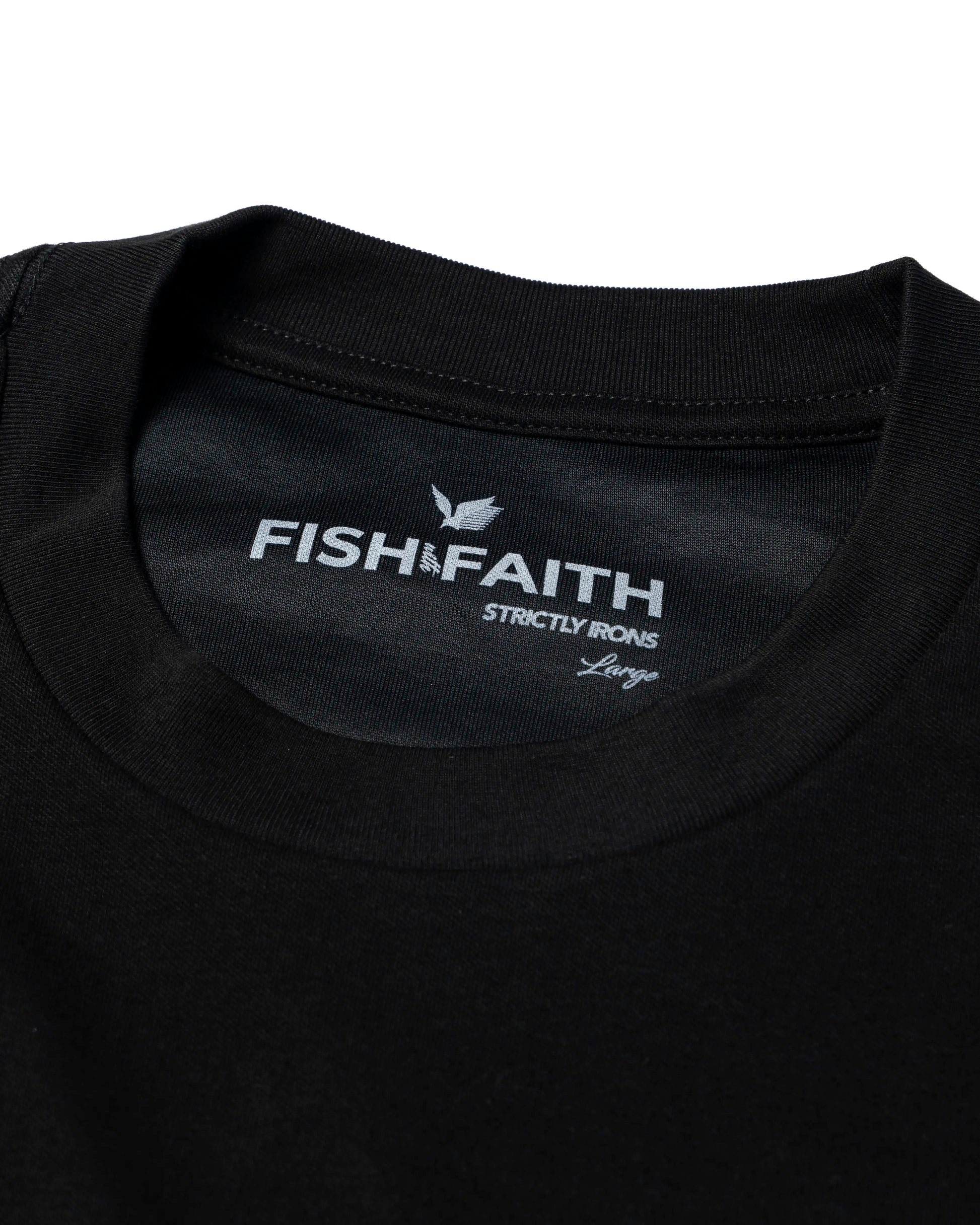 Fish with Faith Strictly Irons size tag